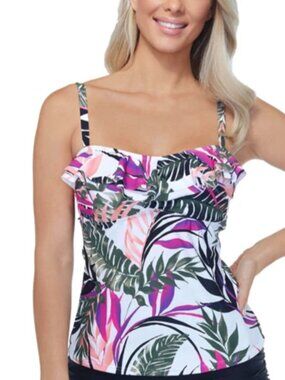 Island Scape Tropical Camisole Tank Top White Pink Green Swimsuit Size 10 NWT
